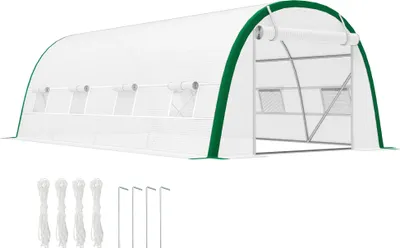 Image de Outsunny Serre de Jardin Tunnel 18 m² serre à tomates dim. 6L x 3l x 2H m - 8 fenêtres, Porte zippée Enroulable - châssis Tubulaire Acier galvanisé, bâche PE Haute densité Blanc