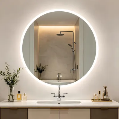 Produktbild von WISFOR Badspiegel mit Beleuchtung 90 cm, LED Badspiegel rund, Wandspiegel mit Speicherfunktion, Beschlagfrei, IP66, 3 Lichtfarben