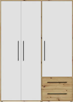 Produktbild von Forte MOKKARIS Kleiderschrank 140 150, moderner Drehtürenschrank, 3-türig, 2 Schubladen, Holzwerkstoff, Weiß mit Artisan Eiche Holzdekor, 144,4 cm breit x 200,1 cm hoch x 58,8 cm tief