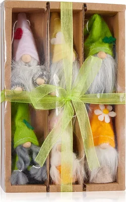 A set of six decorative gnomes in a cardboard box, tied with a green ribbon.