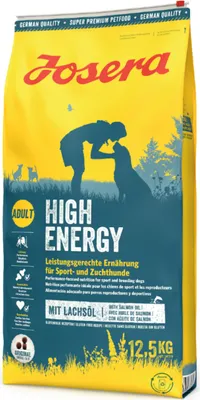A bag of Josera High Energy dog food with a graphic of a person and a dog.