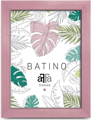 A pink picture frame with a tropical leaf pattern inside.