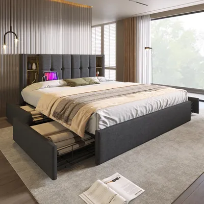 Image de OKWISH Lit Double 160x200 avec 4 Tiroirs et Station de Charge Sans Fil, Lit Capitonné Moderne avec Ports USB et Type-C, Velours - Sans Matelas - Gris