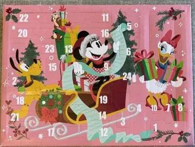 A Disney-themed advent calendar with characters like Minnie Mouse, Pluto, and Daisy Duck, featuring numbered doors for each day.