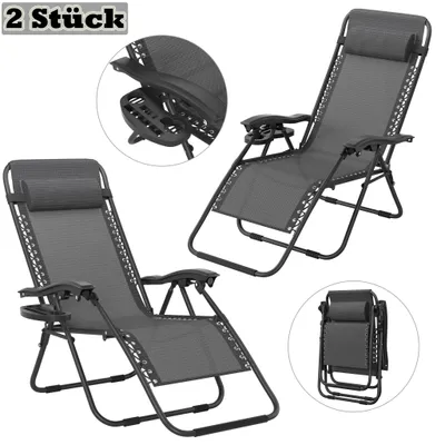 Produktbild von YRHome Faltbarer Liegestuhl Dunkelgrau mit Kissen, Relaxstuhl klappbar für Strand, Camping, Garten und Pool, Outdoor Sonnenliege (2 Stück)
