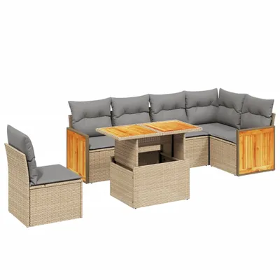 Produktbild von 7-tlg. Garten-Sofagarnitur mit Kissen Beige Poly Rattan
