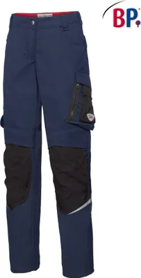 A pair of navy blue work pants with black knee patches and a black cargo pocket on the right leg. A logo is visible in the top right corner.
