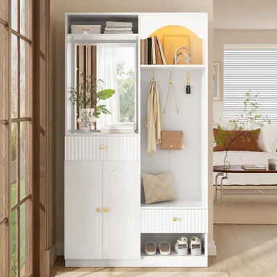 Image de Armoire compacte avec miroir, banc, éclairage LED, armoire de rangement avec espace chaussures et crochets, meuble d'entrée, blanc