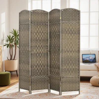 Produktbild von SUGIFT Raumteiler 4-teilig faltbar, Paravent Sichtschutz, Kiefernholzrahmen Polypropylengeflecht, Wäschebraun | 180 x 180 cm | 9 Scharniere