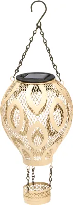 A beige hot air balloon shaped solar lantern with intricate cutouts and a solar panel on top, suspended by chains.