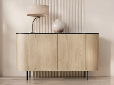 Zdjęcie produktu dla MIRJAN24 Komoda z drzwiami Lygrint 140 2D, stylowy salon, komoda z dwoma drzwiami skrzydłowymi (kolor: dąb Cremona / marmur czarny + czarny)