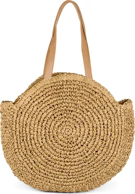 Produktbild von styleBREAKER runde Damen Basttasche mit langen Henkeln | Geflochtene Korbtasche als Strandtasche oder Shopper | Großes Hauptfach mit Reißverschluss