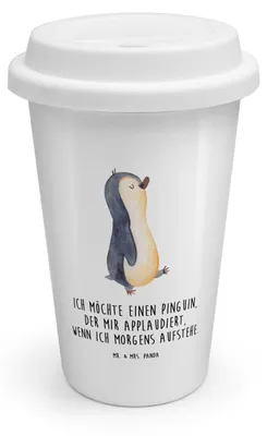 Produktbild von Mr. & Mrs. Panda Thermobecher Pinguin marschieren - Weiß - Geschenk, Aufstehen, Schwester, Kaffeebecher To Go, ToGo, Bruder, Trinkbecher, Unausgeschlafen, Pinguine