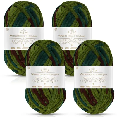Immagine prodotto di Filato chenille, super grosso, 4 gomitoli da 100g, colore marrone e verde, diametro 7 mm, composto di poliestere