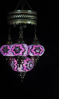 Zdjęcie produktu dla 4-kulista turecka lampa wisząca z fioletowego szkła mozaikowego – orientalna lampa sufitowa z 4 kulami