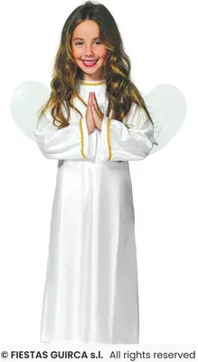 A young girl dressed as an angel, with wings and a white satin dress, stands with her hands clasped in prayer.