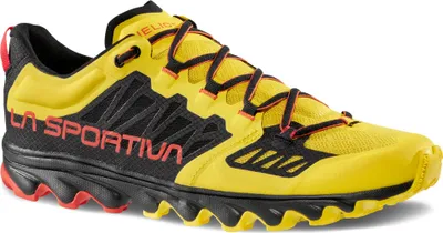Trailrunning-Schuh "Helios III" von La Sportiva in Gelb und Schwarz mit roten Akzenten.