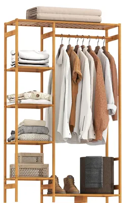 Immagine prodotto di Appendiabiti in Bambù con Scaffale a 6 Livelli e Barra Attaccapanni, 90x30x145 cm, Legno Naturale