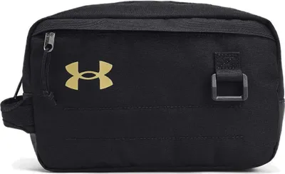 A black travel kit with a gold Under Armour logo.