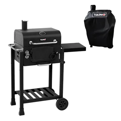 A black charcoal grill with a side shelf and a black grill cover shown separately.