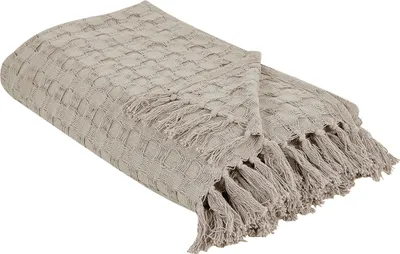 Zdjęcie produktu dla BELIANI Narzuta na łóżko szarobeżowa bawełna 200 x 220 cm koc z frędzlami dekoracyjna ozdobna sypialnia