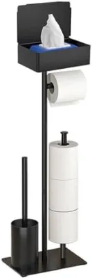 Image de Porte-papier toilette sur pied avec tablette et brosse, noir et acier inoxydable