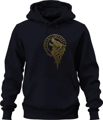 Obrázok produktu pre Viking Wolf Nordic Fenrir Runes Wolf Head Celtic Gold Uni mikina s kapucňou, Navy, 3XL