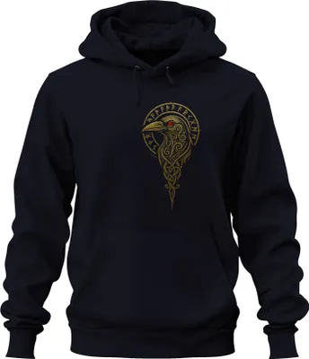 Obrázek produktu pro Viking Raven Runes Celtic Knot Norse Mythology Gold Uni mikina s kapucí, Navy, L