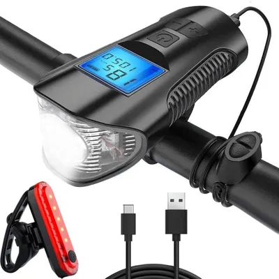 Produktbild von Verk 14490 Wasserdichte LED-Fahrradlampe mit USB-Anschluss, Tachometer und elektrischer Klingel (150 dB)