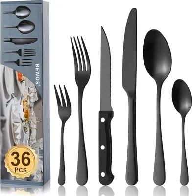 Produktbild von Besteckset 36-teilig für 6 Personen, schwarz, Edelstahl, mit Steakmessern, für Küche
