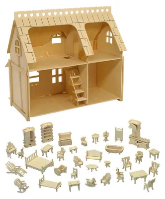 Produktbild von 3D Holzbausatz Haus mit Veranda und Möbeln für Erwachsene, Präzises Holzpuzzle mit Bauanleitung