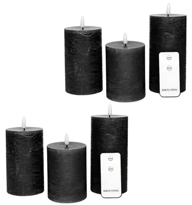 Produktbild von 6er Set Led Kerzen 7,5cm ø Kerze flackernde Flamme mit Fernbedingung SCHWARZ 15 cm + 12,5 cm + 10 cm Höhe, LED Kerzen mit Timerfunktion, 3 AAA Batterien nötig, LED Echtwachs Stumpenkerzen warmweiß