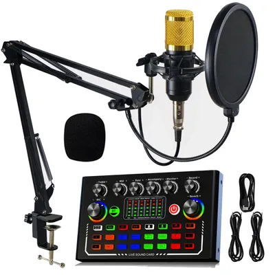 Zdjęcie produktu dla Zestaw mikrofonu pojemnościowego ZELURXX z ramieniem i kartą dźwiękową – idealny do podcastów, streamingu i gier, F009+Gold