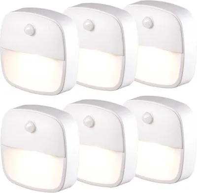 Obrázek produktu pro LED noční lampičky s pohybovým senzorem, sada 6 kusů, samolepicí, vhodné do chodby a ložnice, orientační světla (teplá bílá)