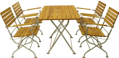 Produktbild von DEGAMO Gartengarnitur Sitzgruppe Klappgarnitur PASSAU 5-teilig, Flachstahl verzinkt + Robinie, klappbar (4x Klappsessel mit Armlehnen, 1x Klapptisch 70x110cm)
