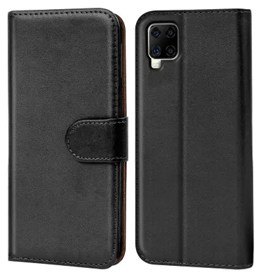A black flip case for a smartphone, shown from the front and back.