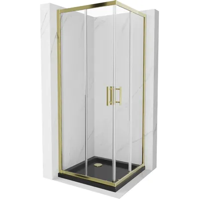Obrázek produktu pro Mexen Rio čtvercový sprchový kout 90 x 90 cm, Průhledné, Zlatá + sprchová vanička Flat, Černá- 860-090-090-50-00-4070G