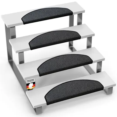 A four-step stair mat set with dark gray, curved treads on white steps, set against a white background.