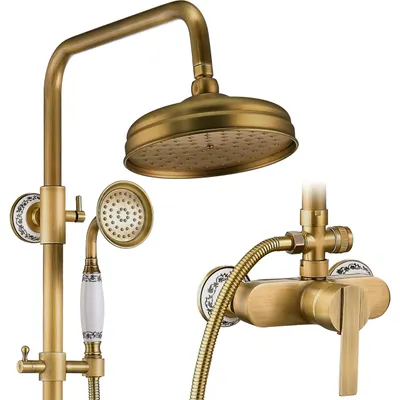 Douchesystem Antikmessing, 20 cm Regenbrause, Handbrause, Messing