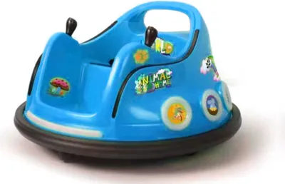 A blue toy bumper car with stickers.