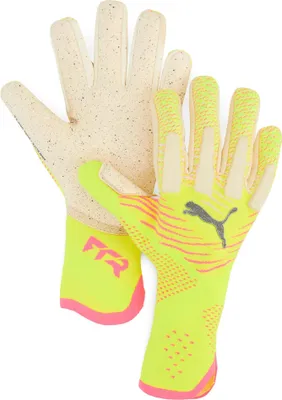 A pair of Puma goalkeeper gloves shown against a white background.