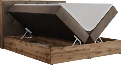 Produktbild von MKS MEBLE Boxspringbett 180x200 mit Bettkasten Eiche, Polsterbett 180x200 mit Matratze H3, Bett 180x200 mit Kopfteil, Bett mit Holzrahmen in Wotan Eiche - Braun Velvet - Veneto