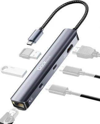 Produktbild von USB C Hub 4K 60Hz Ethernet MacBook Pro Adapter Dockteck 6 in 1 Dock mit 2 USB C Port Daten 100W PD, LAN RJ45, 2 USB 3.0, HDMI, für MacBook Air, iPad Pro/Air/Mini 6, Surface Pro, XPS 13