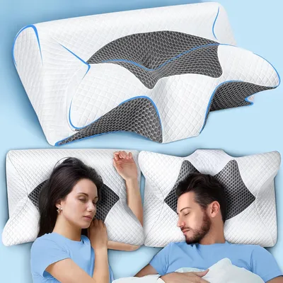 Produktbild von Nackenkissen 59 x 43 x 12/15 cm, Memory Foam, 2-in-1 Nackenstütze, waschbarer Bezug, grau, für Seitenschläfer