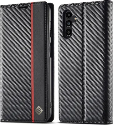 Obrázek produktu pro Pouzdro pro Samsung Galaxy A34 5G Karbónové kožené pouzdro s držákem karet, magnetem a stojánku černé Vertikální červené
