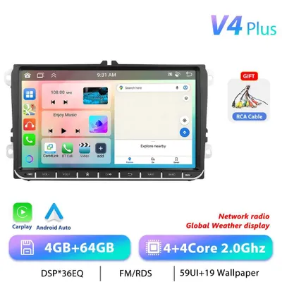 Obrázek produktu pro Autorádio s Androidem pro VW – 2-DIN – 23cm displej – 4 GB RAM + 64 GB – 2,0 GHz – Android 13 – GPS navigace – 1024×600