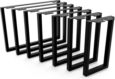 A set of black metal table legs arranged diagonally on a white background.