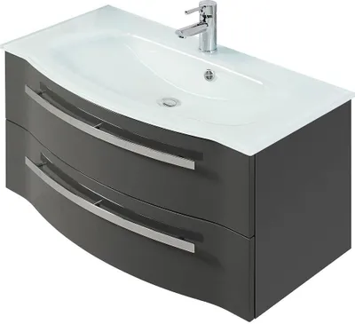 Produktbild von Badezimmer Waschtisch FES-4005-66 Unterschrank in Hochglanz Lack Quarzgrau, Glasbecken weiß - B/H/T: 92/49,7/49,1cm
