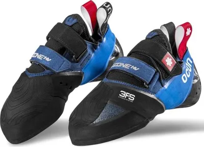 A pair of blue and black climbing shoes.