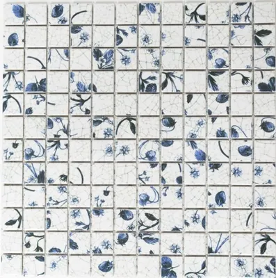 Produktbild von Mosaikfliese Retro Vintage Keramik weiß blaue Blume Küchenrückwand MOS18D-1404